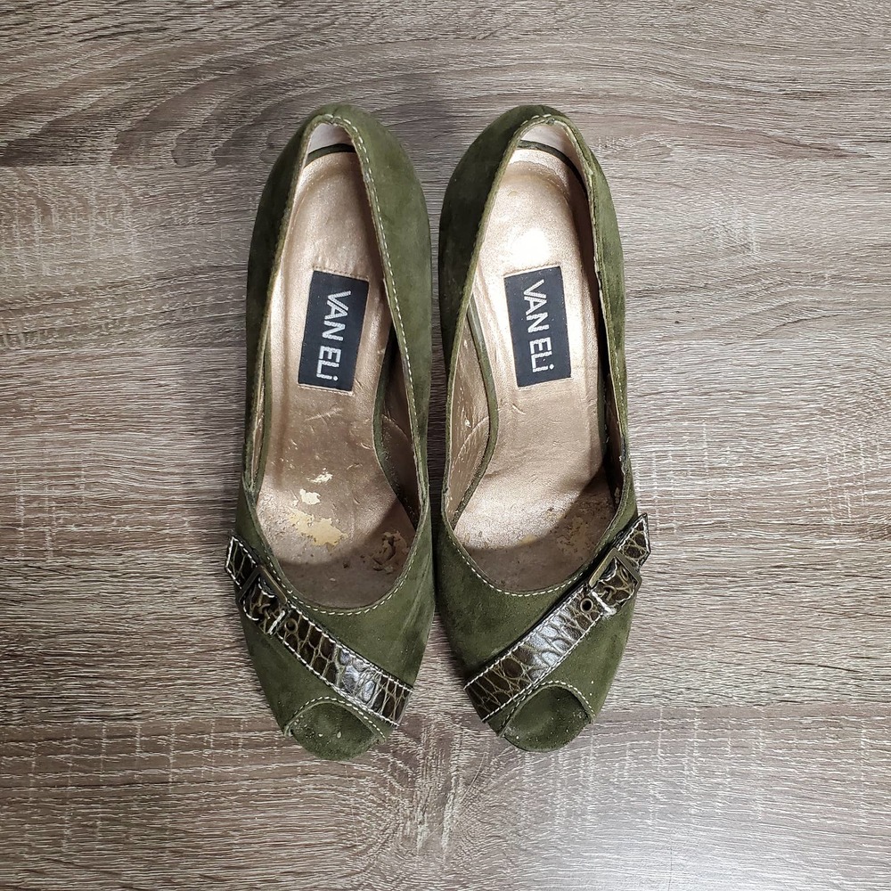 VAN ELI • Polly Green Suede Peep Toe Pumps Heels Sz 9 - Picture 7 of 10